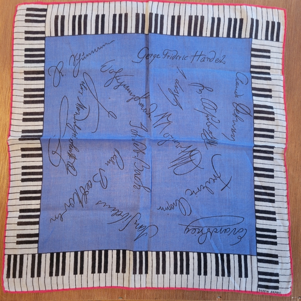 Vintage Music Themed Handkerchief ~ MCM ~ Hankie ~ Piano ~ Dessin Depose